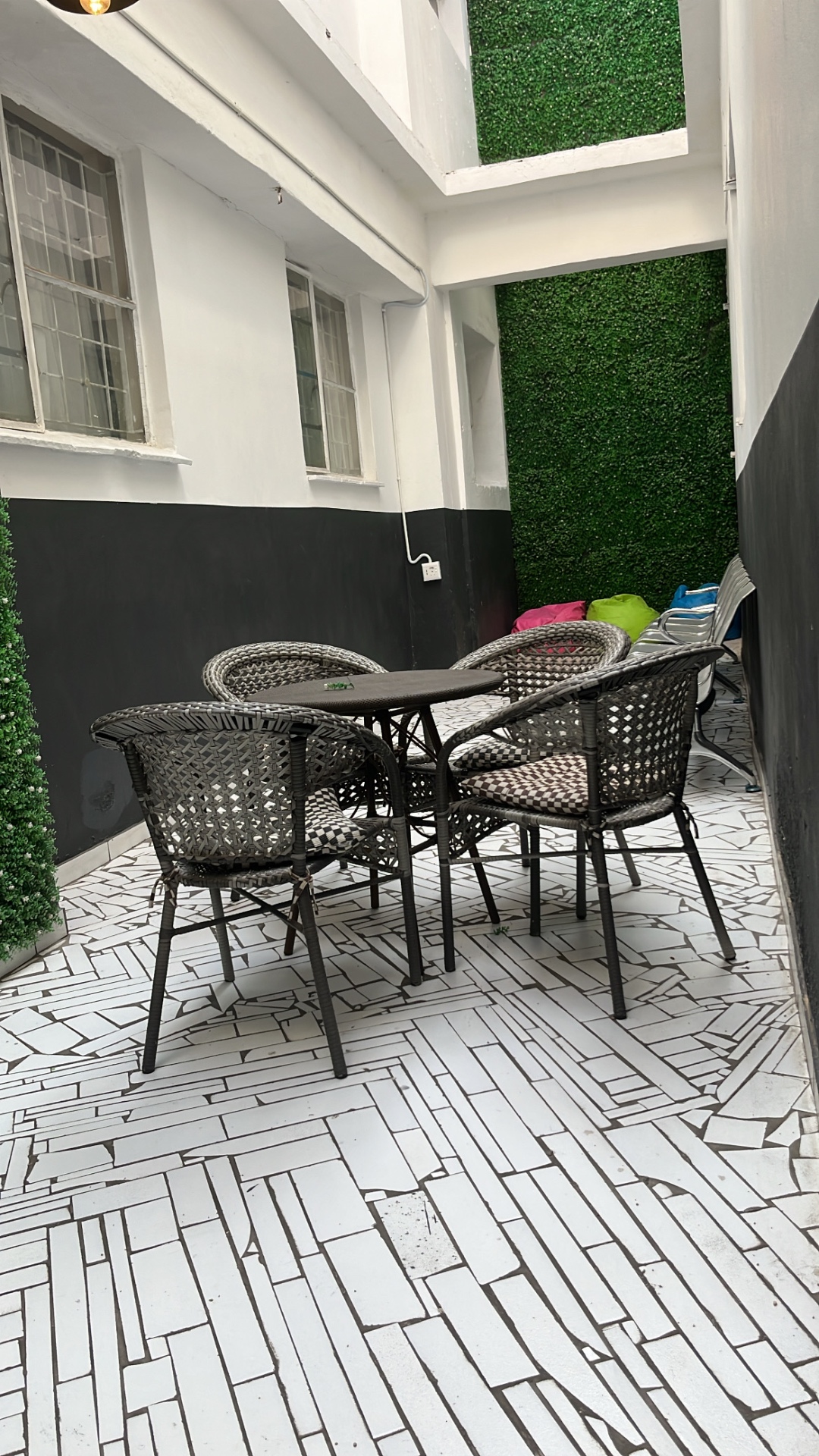 Indoor chill area with tables and comfy chairs